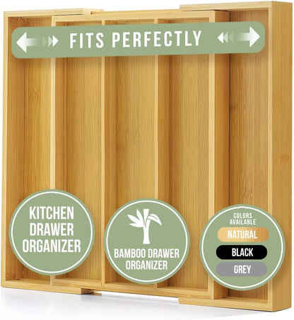 Purawood Bamboo Drawer Organizer - Expandable Silverware Organizer & Utensil Drawer Organizer, Cutlery Tray with Dividers, 7-9 Slots- Kitchen Organizer for Utensils & Flatware (Natural)