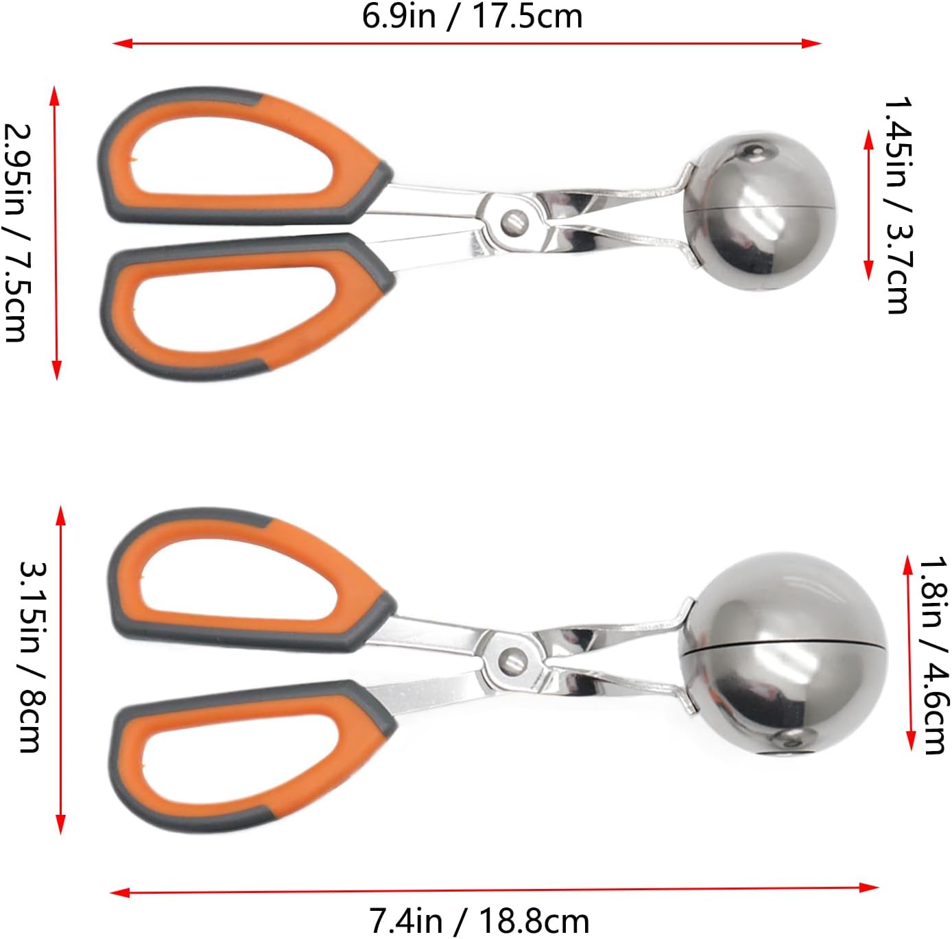 2Pcs Meatball Maker Tongs None-Stick Meatball Maker Stainless Steel Meat Ballers Scoop Ball Maker Ice Tongs for Meat, Cake Pop, Ice Cream Scoop, Fruit, Cookie Dough, Melon -Black & Red（M Size）