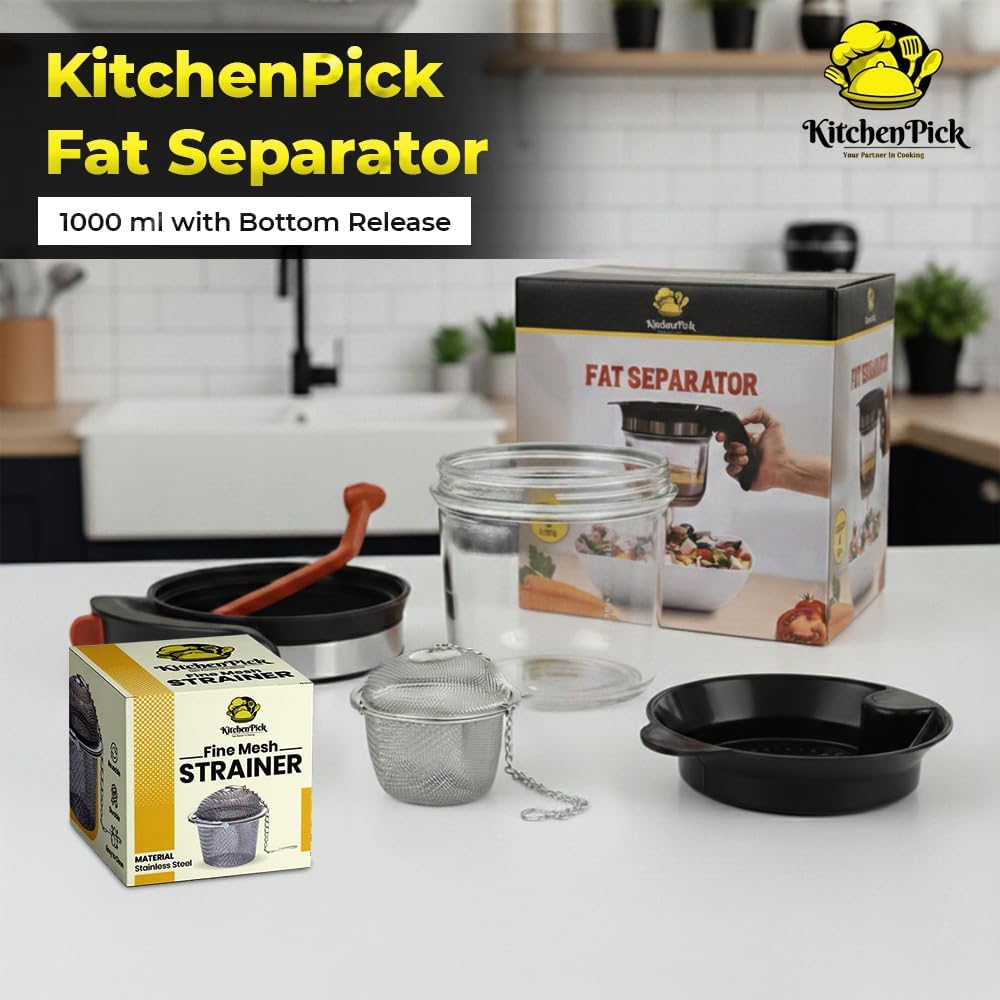 Fat Separator 1000ml with Bottom Release – Gravy & Grease Separator with Strainer for Easy Pouring, Durable Kitchen Tool with Tea Infuser Included