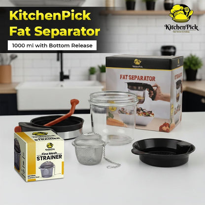 Fat Separator 1000ml with Bottom Release – Gravy & Grease Separator with Strainer for Easy Pouring, Durable Kitchen Tool with Tea Infuser Included