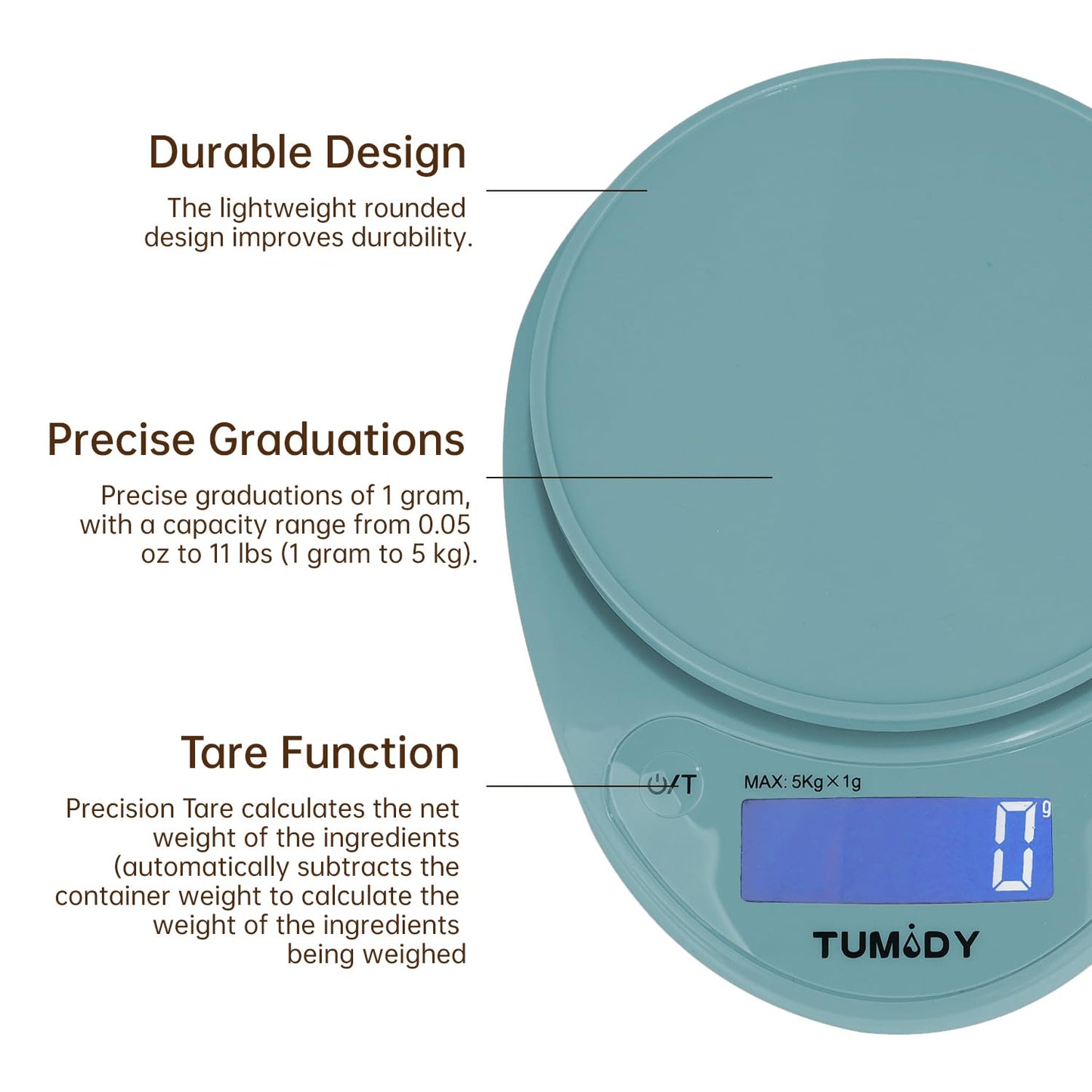 Small Digital Kitchen Scale Food - 11lb/5kg Kitchen Weight Scale with LCD Display for Weight Loss, Sourdough Bread, Baking, Cooking, Keto and Meal Prep, 1g Precision, Batteries Included, Blue