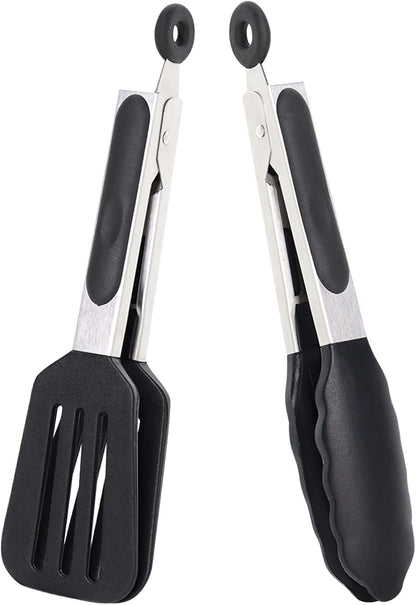 Mini Silicone Serving Tongs Set of 3, Small Kitchen Tongs (7 inch) with Silicone Tips and Stainless Steel Handle, Cooking Tongs for Salads, Pasta, Steaks, Vegetables