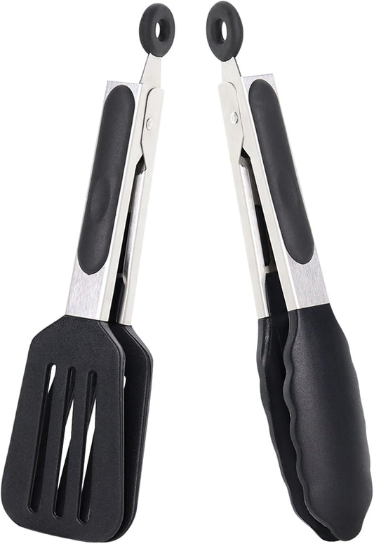 Mini Silicone Serving Tongs Set of 3, Small Kitchen Tongs (7 inch) with Silicone Tips and Stainless Steel Handle, Cooking Tongs for Salads, Pasta, Steaks, Vegetables