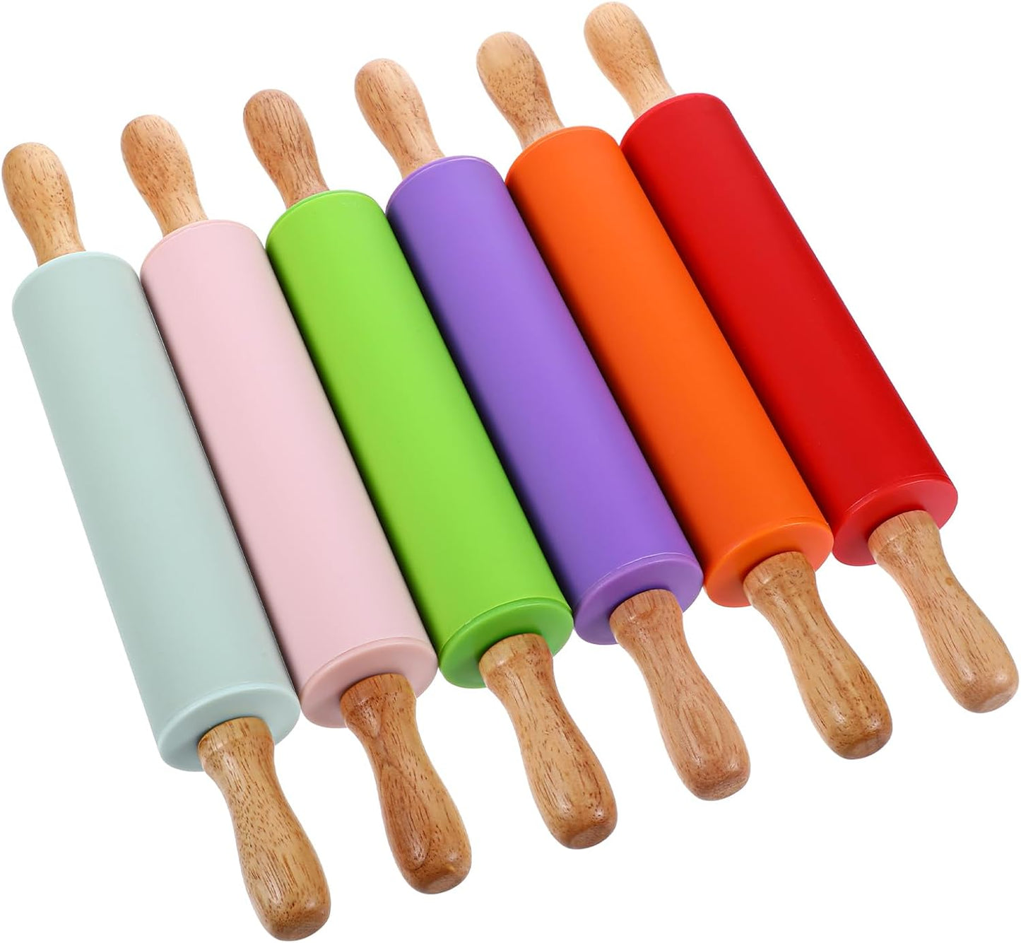 6 Pack Small Rolling Pins for Kids, Silicone Rolling Pin with Wooden Handle, Mini Rolling-Pins for Dough, Cookie, Pastry, 12 Inch (6 Colors)