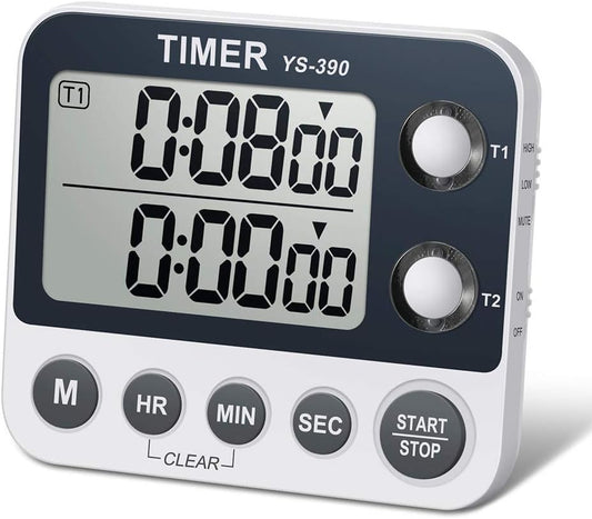 Digital Kitchen Cooking Timer, Dual Count Up & Down with Magnetic Back, Large Display, Adjustable Volume and Flashing Alarm Light, ON/Off Switch Stopwatch, Battery Included