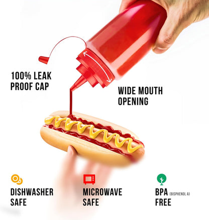 Norcalway 12 oz Condiment Squeeze Bottles for Sauces - Leak Proof Oil, Syrup, Dressing Squirt Bottles - 3 Pack