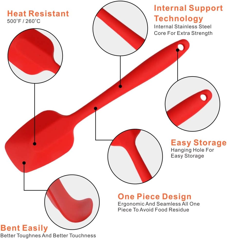Silicone Spatulas Set of 6, Rubber Spoon Spatula Heat Resistant Spoonula One Piece Design Seamless Spatula Non-Stick Scrapers Baking Mixing Tool (Black)