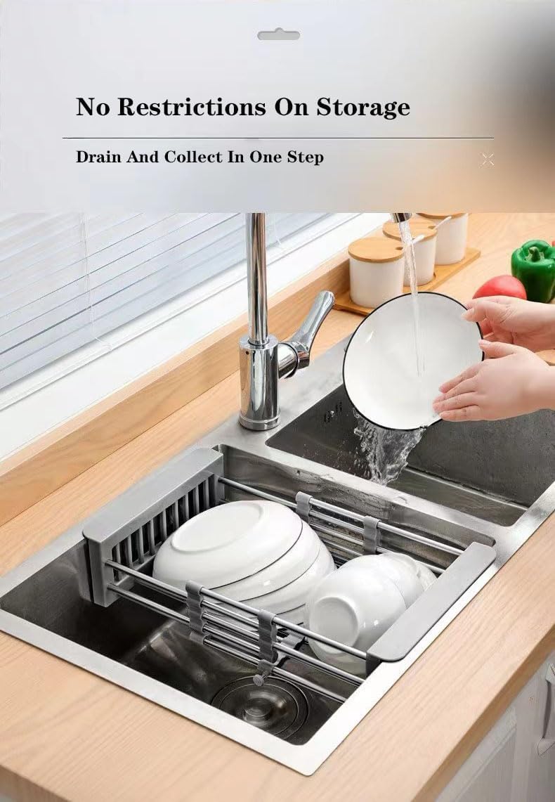 Dish Drying Rack, Kitchen Sink Colander, Expandable Colander, Stainless Steel Sink Strainer with Adjustable Boom, Suitable for Vegetables and Fruits