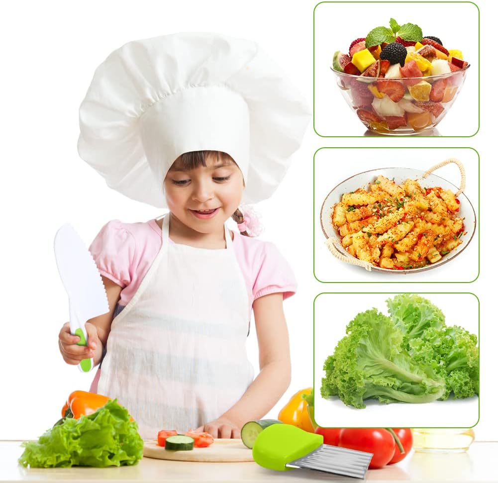 HOTUT Montessori Kitchen Tools,6Pieces Knives for Kids Nylon Kids Safe Cooking Knives Serrated Edges,Y Peeler For Cooking and Cutting Fruit,Suitable for Children and Beginners