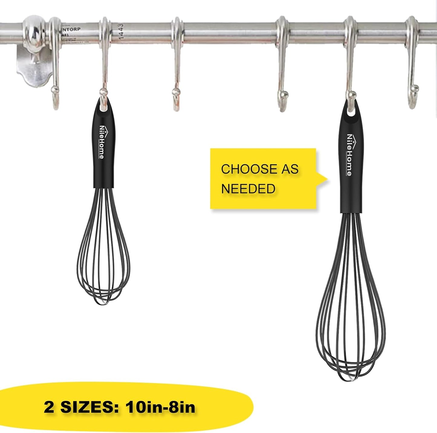 NileHome Silicone Whisk Set 8" 10" 12" Kitchen Whisk Kitchen Wisk Wire Whisks for Cooking, Whisking, Blending, Beating, Stirring-Black 3 Pack