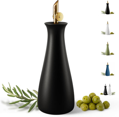 HB Design Co. Ceramic Olive Oil Dispenser with Self-Closing Gold Spout - 530 ML Capacity Matte White Ceramic Oil Dispenser for Kitchen - Leak Proof EVOO Dispensing Bottle