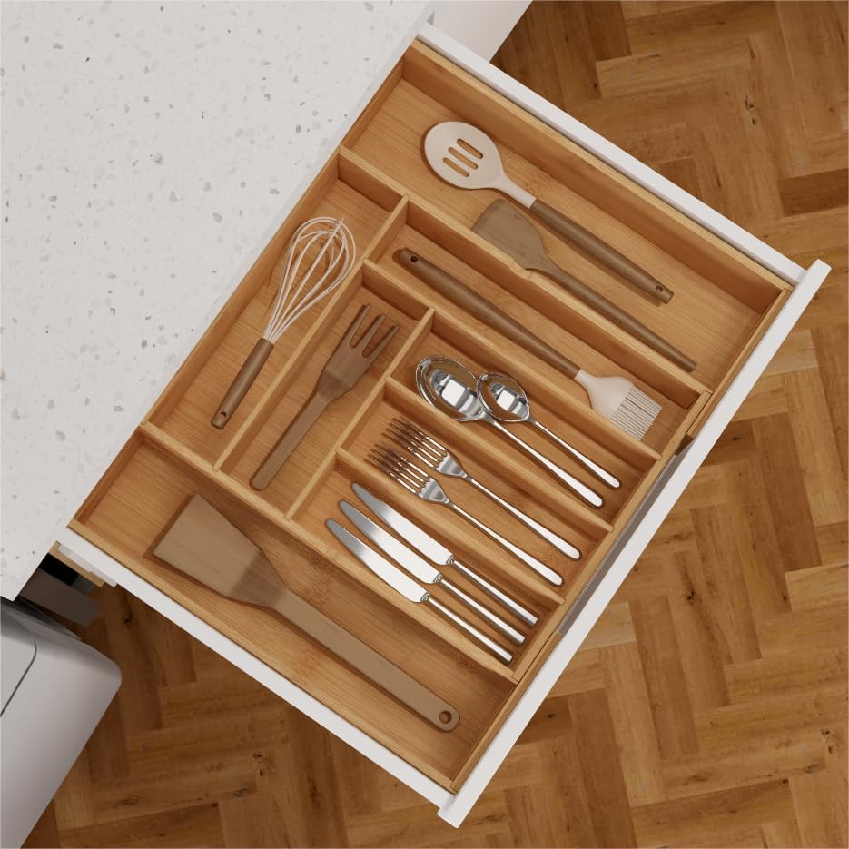 BAMEOS drawer organizer flatware organizer cutlery tray silverware organizer expandable adjustable bamboo drawer organizer kitchen bathroom