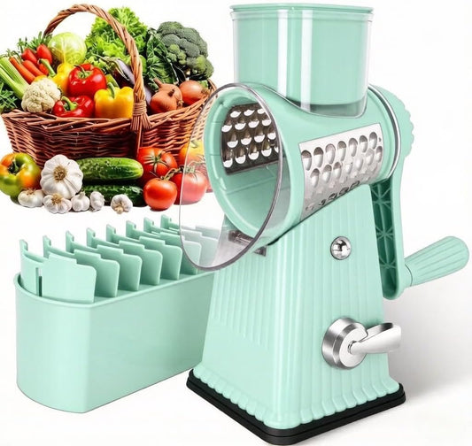 Rotary Cheese Grater with 5 Well-designed Blades & Strong Suction Base, Kitchen Mandoline Vegetable Slicer with Blade Storage Box (GREEN)