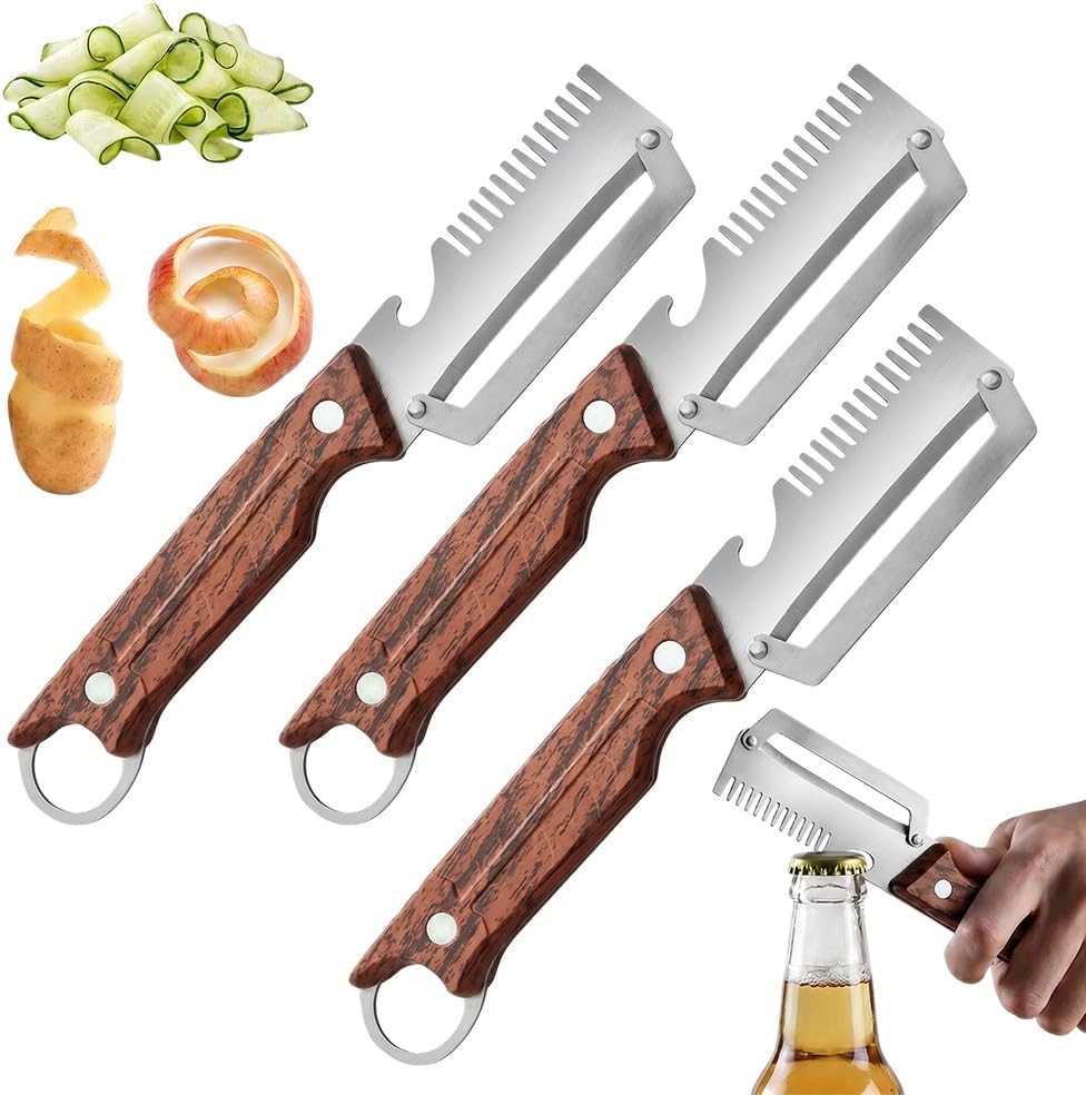 4 in 1 Multi-functional Vegetable Peeler, 2026 Upgrade Ktchen Multi-function Stainless Steel Thickened Fruit Peeler Knife with Wooden Handle, Suitable for Peeling Fruits and Shredding Scallions (2Pcs)