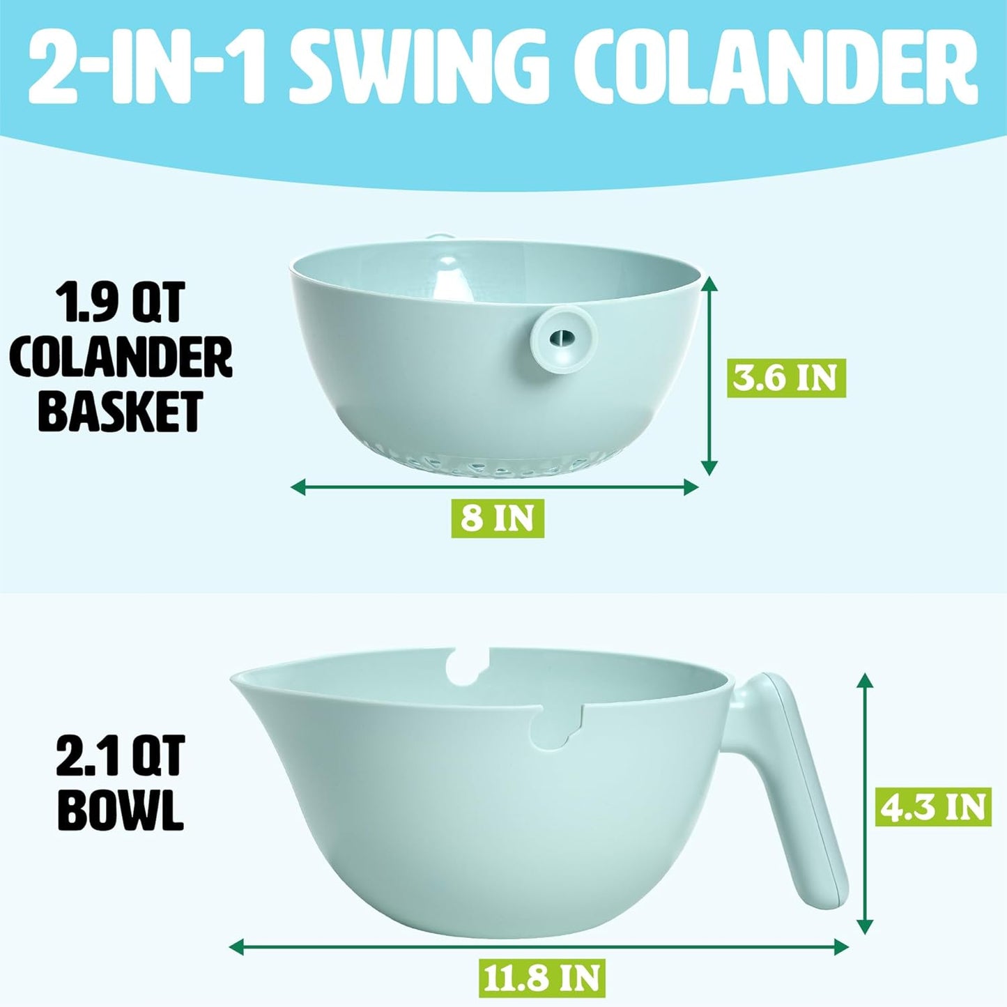 Tasty 2-in-1 Swing Bowl Colander, Built-In Strainer Basket with Handle, Kitchen Hack for Rinsing and Draining for Fruits, Vegetables, and Pasta, 2.1-Quart Bowl + 1.9-Quart Strainer, Aqua