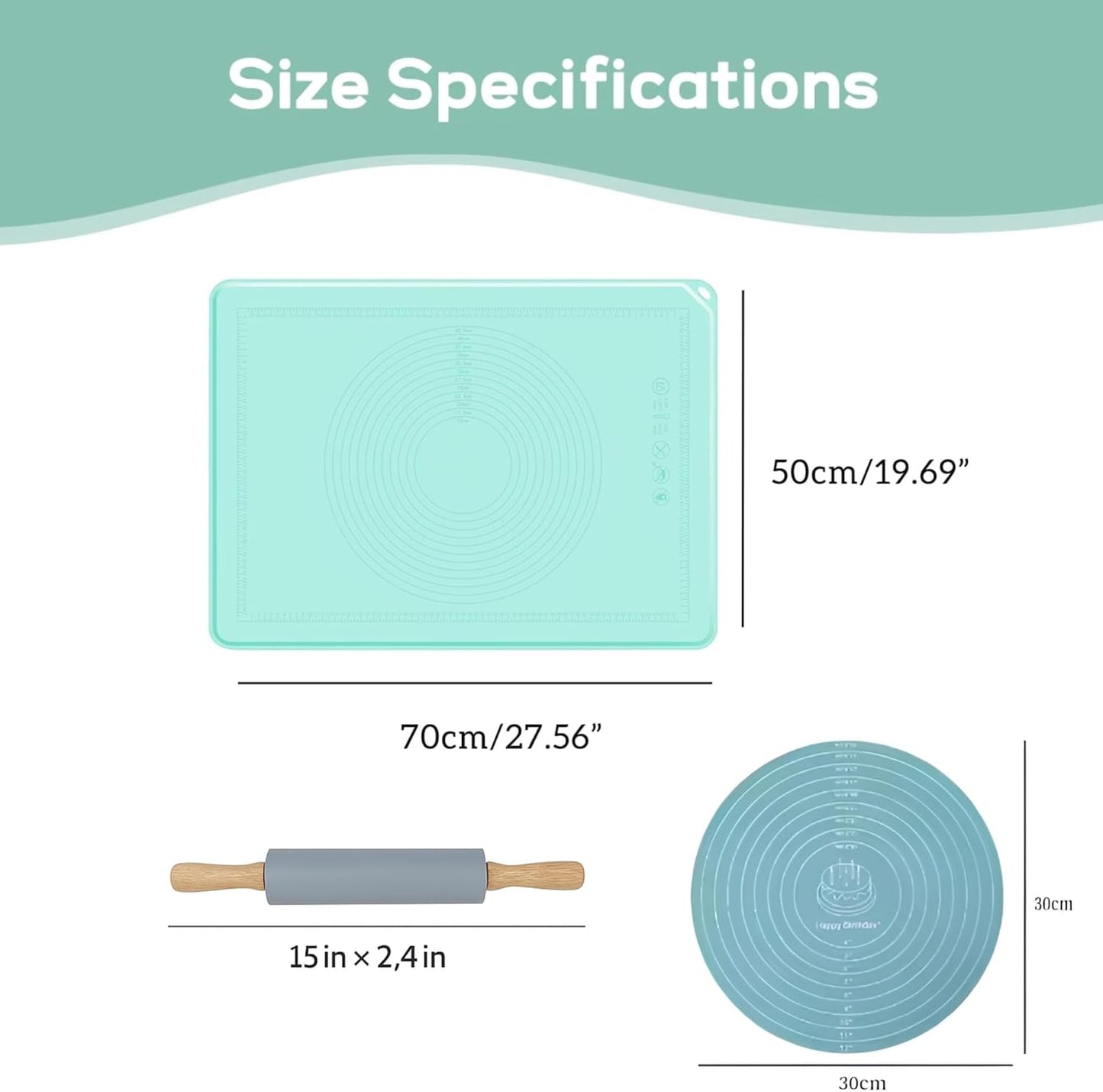 2-Piece Silicone Baking Mat Set with Rolling Pin, Extra Thick Non-Stick Pastry Mats with Measurements, 12-Inch Dough Rolling Mats with Raised Edge for Baking