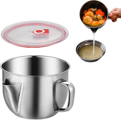 Stainless Steel Fat Separator,Gravy Grease Separator with Strainer and Glass Lid,Meat Strainer For Grease With Handle,Soup Oil Separator Cup for Cooking,Remove Excess Oil From Soup Or Food (Slivery)