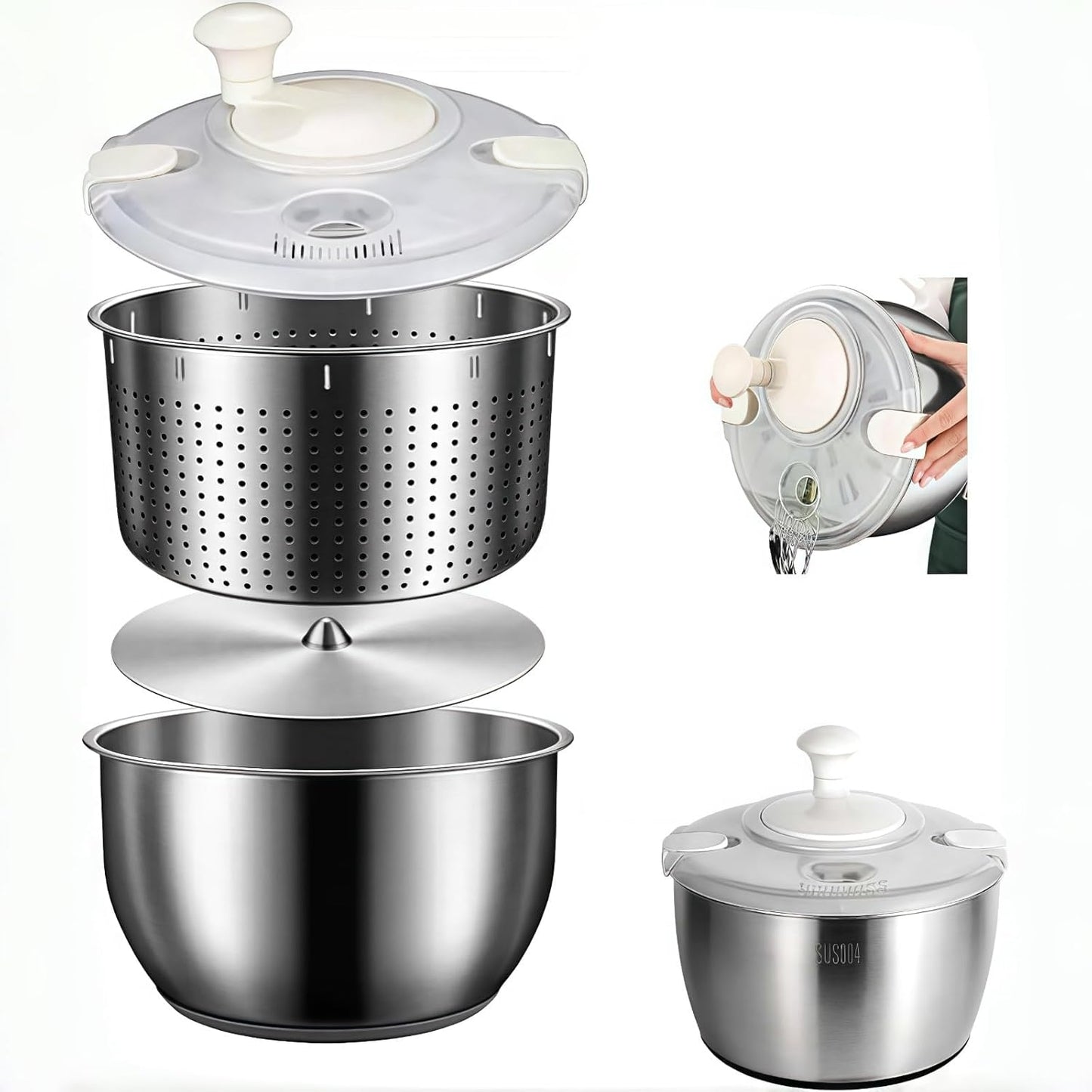 Salad Spinner Stainless Steel, Metal Salad Spinner, Salad Spinner Large, 6l With Pp Cover, Essential Kitchen Tool for Dehydrating Lettuce, Fruits and Vegetables, Pasta, and French Fries