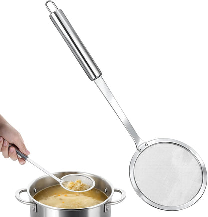 4" Stainless Steel Fat Skimmer Spoon, Kitchen Fine Mesh Food Strainer Multi-Functional Hot Pot Skimmer with Long Handle for Skimming Cooking Frying Grease Gravy Foam