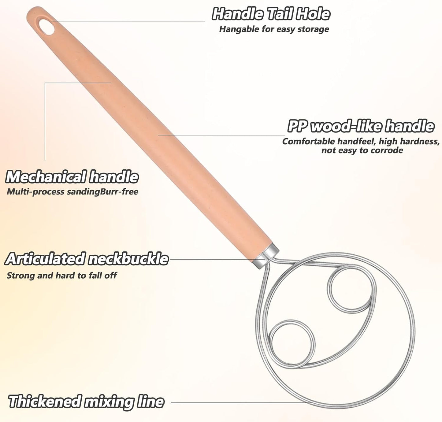 TIESOME Danish Dough Whisk, 2 Pcs 10-Inch Stainless Steel Dough Hook with PP Handle, Sturdy Dutch Bread Mixer for Sourdough, Pizza & Pastry, Baking Tools (Natural Wood Color)