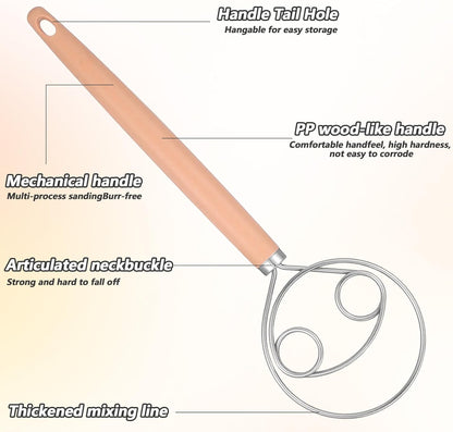 TIESOME Danish Dough Whisk, 2 Pcs 10-Inch Stainless Steel Dough Hook with PP Handle, Sturdy Dutch Bread Mixer for Sourdough, Pizza & Pastry, Baking Tools (Natural Wood Color)