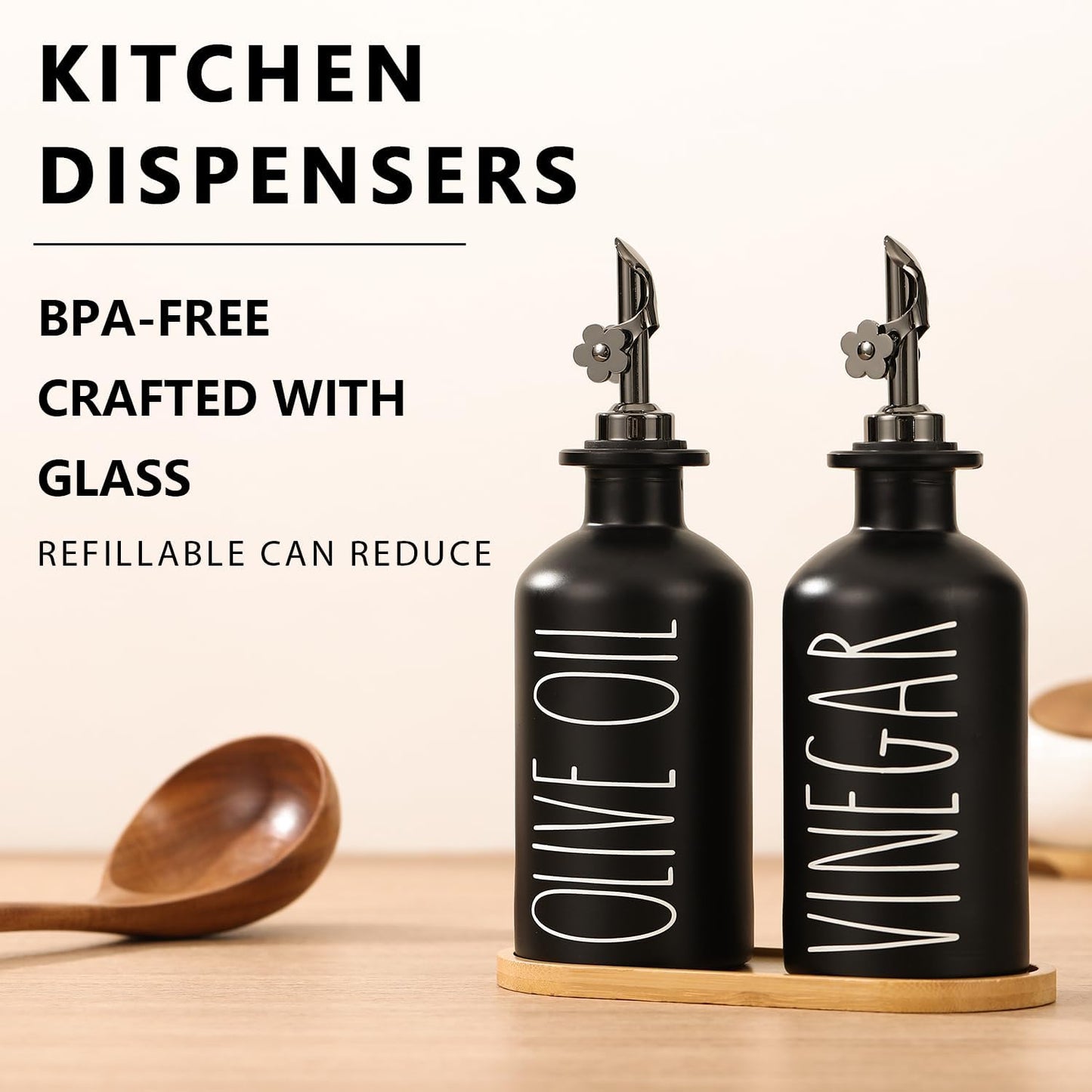 HOMCDALY Premium Olive Oil Dispenser for Kitchen, 11.8oz Glass Oil Bottles with Bamboo Tray, White and Gold Oil&Vinegar Cruet Set, Kitchen Dispenser Bottles with Pourer| Set of 2 (11.8oz –P–Gold)