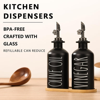 HOMCDALY Premium Olive Oil Dispenser for Kitchen, 11.8oz Glass Oil Bottles with Bamboo Tray, White and Gold Oil&Vinegar Cruet Set, Kitchen Dispenser Bottles with Pourer| Set of 2 (11.8oz –P–Gold)