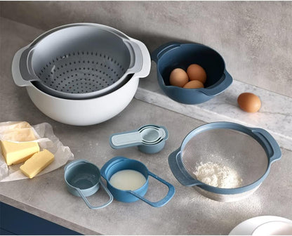 Joseph Joseph Nest 9 Plus, 9 Piece Compact Food Preparation Set with Mixing Bowls, Measuring cups, Sieve and Colander, MultiColor