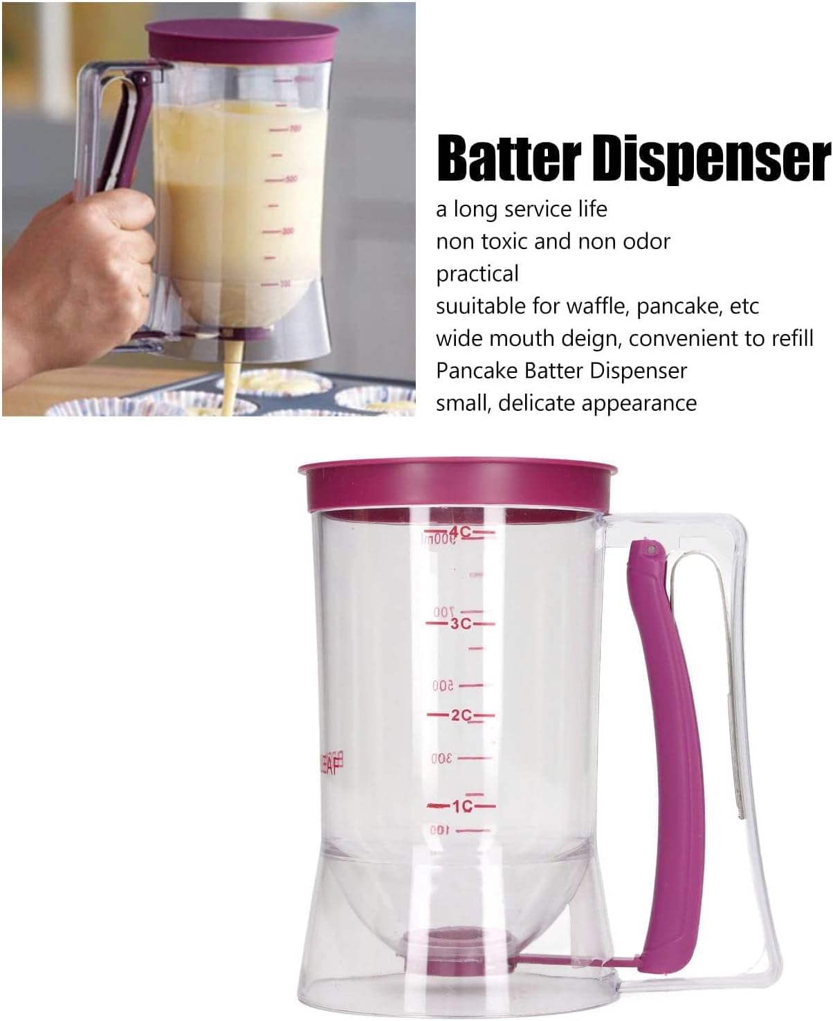 Pancake Batter Dispenser, 4 Cup Batter Dispenser with Squeeze Handle Measuring Marks for Pancakes Waffles Muffins Crepes Cupcakes 17 * 11 * 18.5cm
