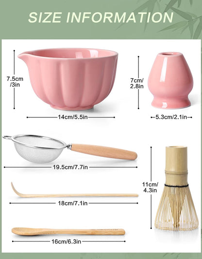 Matcha Whisk Set, 7 Pcs, Matcha Kit Includes Matcha Bowl, Matcha Whisk and Holder, Bamboo Scoop, Spoon, Sifter and Tea Towel, Matcha Set, Gift for Matcha Lovers & Beginners (Pink)
