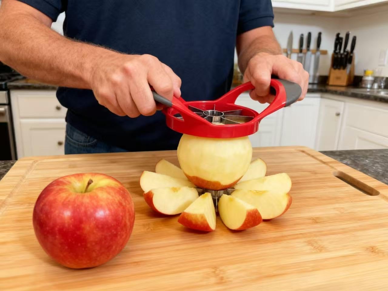 8 Blade Apple Slicer and Corer with Stainless Steel Blades Ergonomic Apple Cutter Quick Use Tool for Saving Time and Effort Red