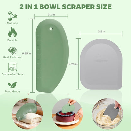 Bowl Scraper Dough Scraper Tool - Set of 2 Silicone Bench Scraper for Baking, Kitchen Pastry Scraper for Bread, Cake, Batter, cheese, Cream, Honey, Jam, Food Scraper with Curved Edge, Blue & Grey