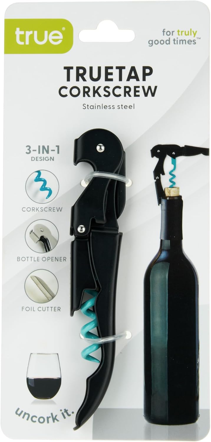 True Truetap Double Hinged Waiter's Corkscrew Wine Opener, Stainless Steel Wine Bottle Opener with Built In Foil Cutter, Home Bar Tools, Bar Cart Accessories, Wedding Gifts, Set of 1, Black