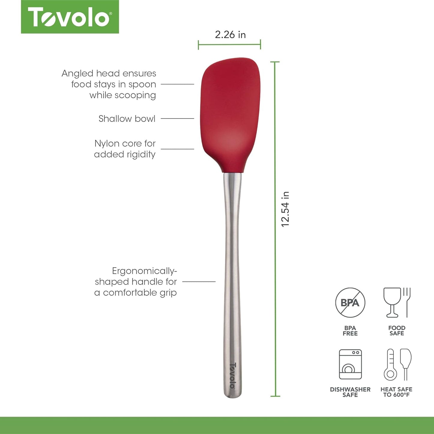 Tovolo Flex Core Silicone Spatula Spoonula Set of 2 for Non Stick Cast Iron Cooking & Baking, Dishwasher Safe Heat Resistant BPA Free Long Stainless Steel Handle Kitchen Utensil, Charcoal Gray