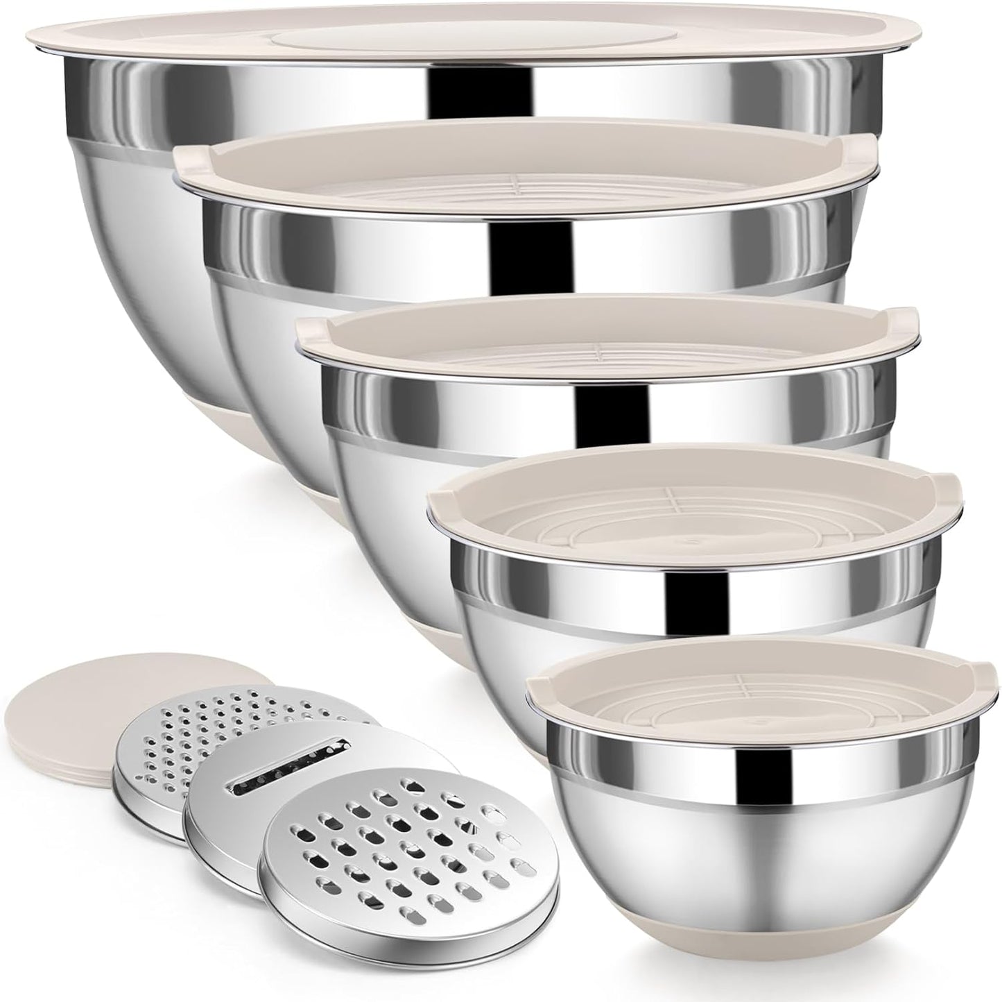 P&P CHEF Mixing Bowl with Lid Set, 5 Piece Stainless Steel Mixing Nesting Bowls for Salad Storage, 3 Grater Attachments & Non-Slip Bottoms, Size 1/1.5/2 / 2.6/4.6 QT, Multicolor