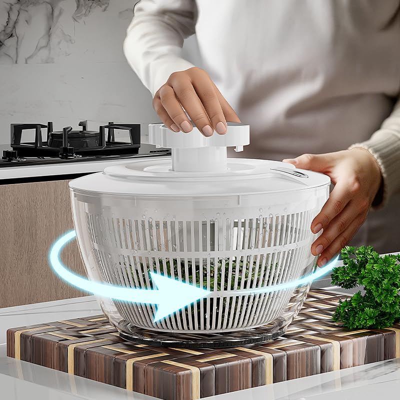 BREZINA Salad Spinner 6.3 QT with Easy Push Handle & Brake – Large Lettuce Dryer & Vegetable Washer, One-Handed Operation, BPA-Free Bowl & Colander for Salad, Fruits & Herbs – White