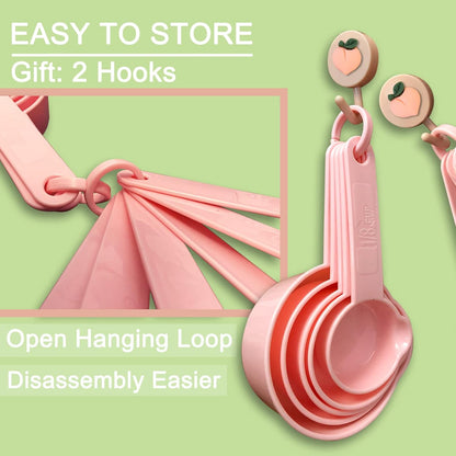 Measuring Cups and Measuring Spoons Set of 11 Pieces, Plastic, Nordic Color, Pink, Included 2 Pieces Kitchen Tool Hook Up