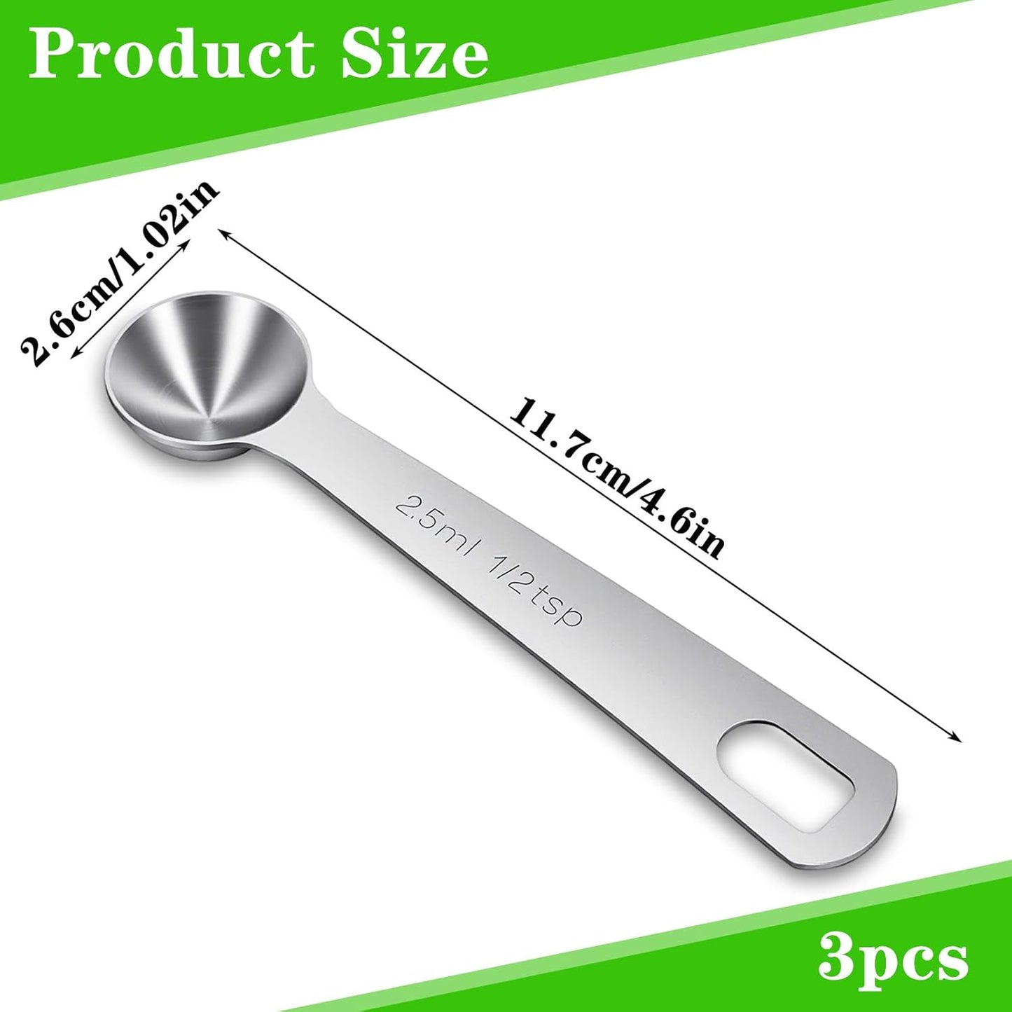 3 Pcs 1/2 Teaspoon (1/2 tsp, 2.5 ml, 2.5cc, 1/12 oz) Measuring Spoons, Stainless Steel Single Measuring Spoon Tablespoon Metal Measure Scoop for Coffee Grains Kitchen Cooking