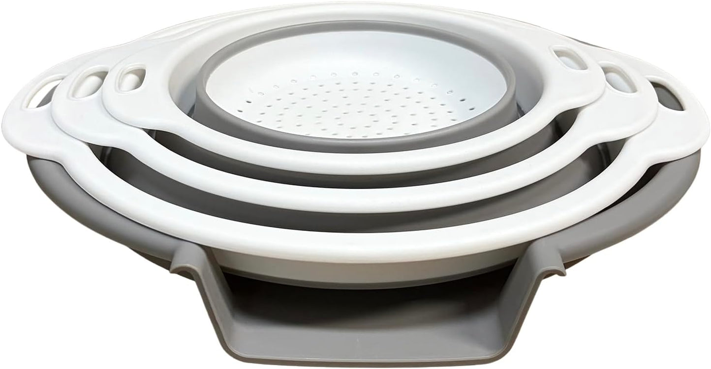 Collapsible Colanders Set, 3 Pack Food Strainers with Over-Sink Water Draining Base for Pasta Fruits and Vegetables