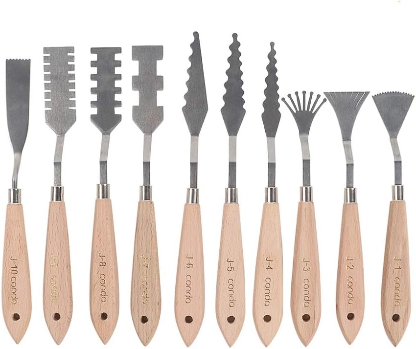 CONDA Palette Knife Painting Stainless Steel Spatula Palette Knife Oil Paint Metal Knives Wood Handle (Red 5 Piece)