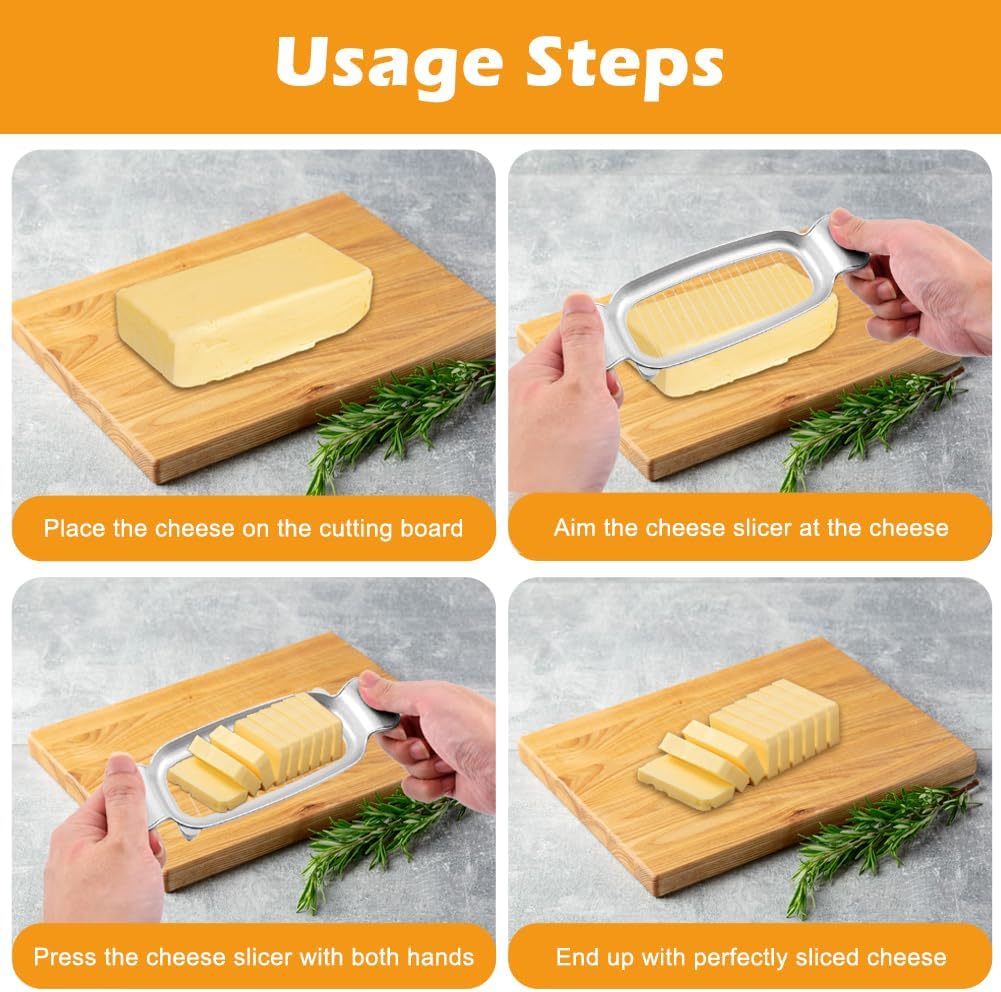 2 Pcs Butter Slicer Cutter, Aluminum Alloy Multipurpose Cheese Slicer with 2pcs Cheese Spreader, Handheld Butter Cutter Single Stick Makes Cutting Cheese, Butter, Eggs Into Average