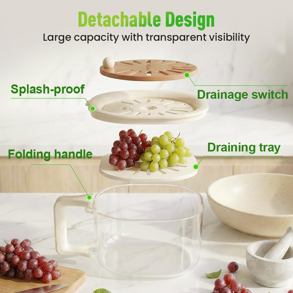 2-in-1 Draining and Preservation Basket,Multifunctional Fruit and Vegetable Washing Bowl with Handle Fruit Strainer Container and Lid for Kitchen Fridge Outdoor Picnic Camping (Brown)