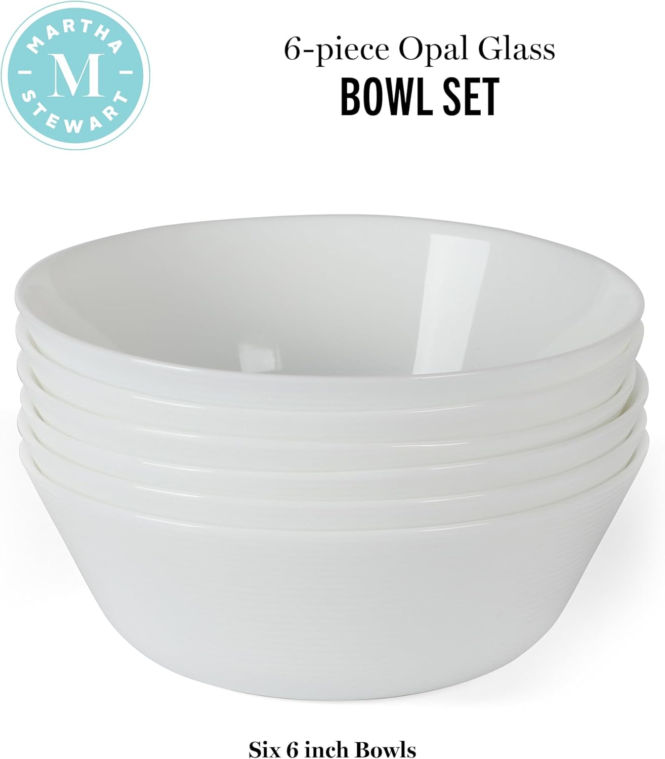 Martha Stewart Opalton 6-Piece 6-Inch Soup and Cereal Bowls – Lightweight, Chip and Break Resistant Opal Glass Bowls for Everyday Use