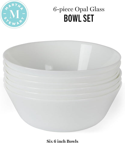 Martha Stewart Opalton 6-Piece 6-Inch Soup and Cereal Bowls – Lightweight, Chip and Break Resistant Opal Glass Bowls for Everyday Use