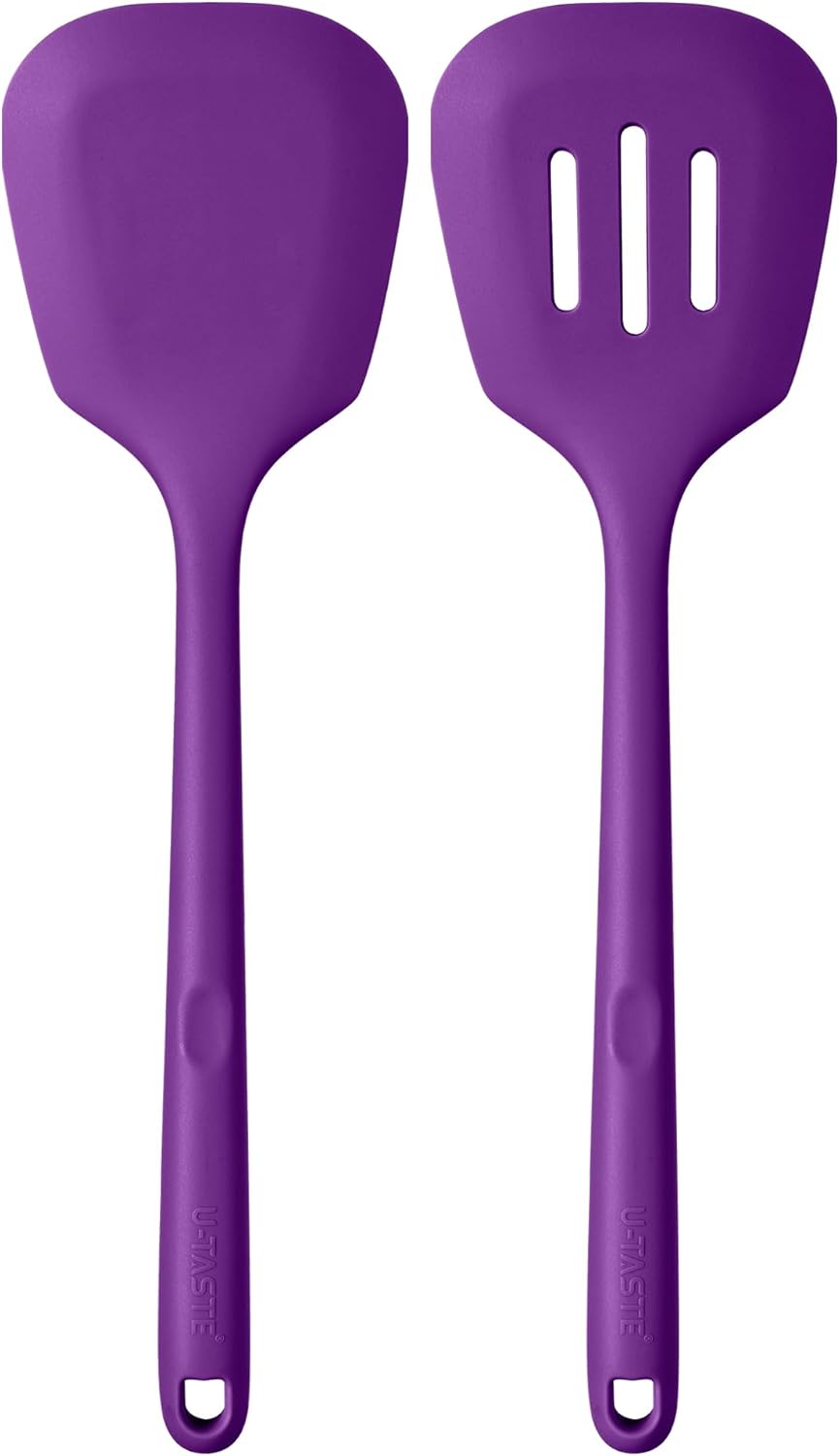 600ºF Heat Resistant Slotted Turner: U-Taste 13.6in Silicone Kitchen Spatula Flipper, 3.74in Wide Food Grade Flexible Thin Rubber Cooking Utensil for Egg, Pancake, Cookie in Nonstick Cookware (Red)