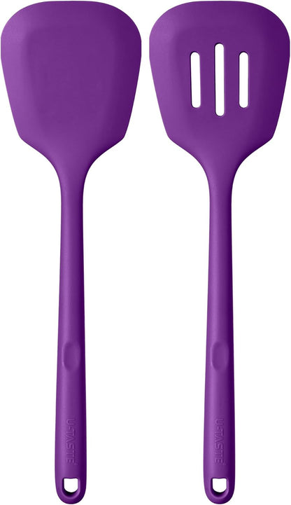 600ºF Heat Resistant Slotted Turner: U-Taste 13.6in Silicone Kitchen Spatula Flipper, 3.74in Wide Food Grade Flexible Thin Rubber Cooking Utensil for Egg, Pancake, Cookie in Nonstick Cookware (Red)