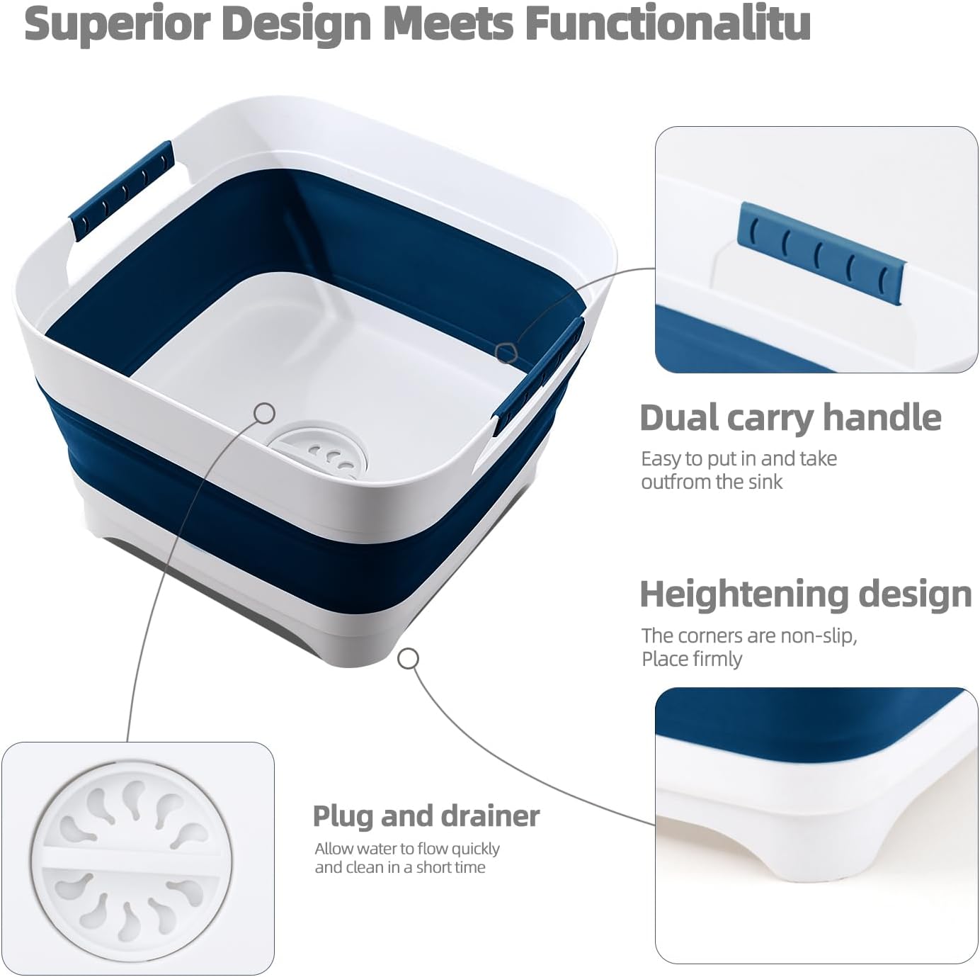 2.6 Gal/10L Collapsible Wash Basin with Drain Plug, Portable Foldable Dish Tub, Large Capacity Space-Saving Sink for Baby Bottles, RV, Camping, Kitchen, Travel & Outdoor Use