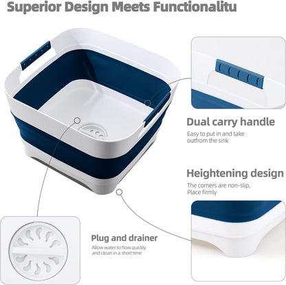2.6 Gal/10L Collapsible Wash Basin with Drain Plug, Portable Foldable Dish Tub, Large Capacity Space-Saving Sink for Baby Bottles, RV, Camping, Kitchen, Travel & Outdoor Use