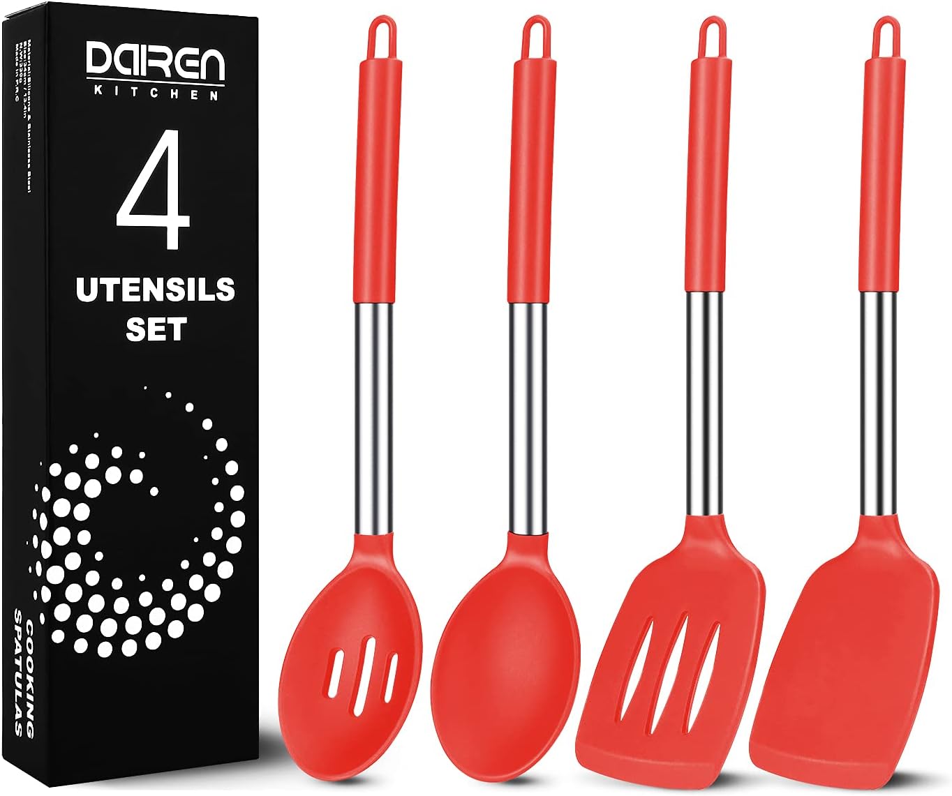 Pack of 4 Large Silicone Cooking Spatulas and Spoons, Slotted and Solid Stainless Steel Cooking Utensils Set, Non-stick Heat Resistant Kitchen for Baking, Fried, Stir-Fry, Mixing, Serving (Black)