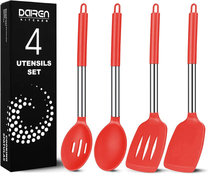 Pack of 4 Large Silicone Cooking Spatulas and Spoons, Slotted and Solid Stainless Steel Cooking Utensils Set, Non-stick Heat Resistant Kitchen for Baking, Fried, Stir-Fry, Mixing, Serving (Black)